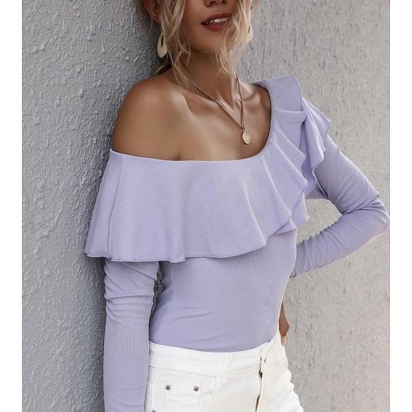 Lavender One Shoulder Long Sleeve Ruffle Top NWT - Picture 2 of 4